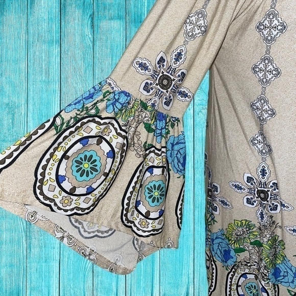 Women’s Small Boho Vintage Floral Off Shoulder Bell Sleeve Mini Dress/Tunic Top - Picture 5 of 11